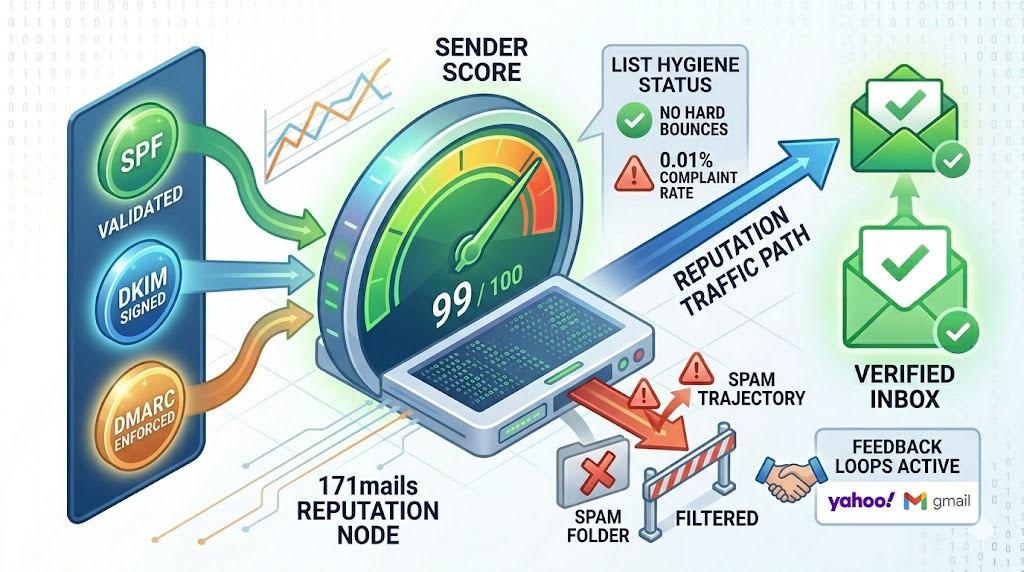 mail sender reputation - infographic showing 171mails Reputation Node using SPF DKIM DMARC to build a 99 Sender Score, deflecting complaints and bounces to land in the verified Primary Tab inbox