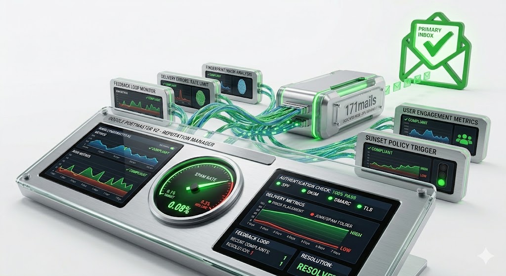 google postmaster deliverability ecosystem - studio photograph showing physical postmaster console surrounded by 171mails dedicated node, feedback loops, fingerprint analysis, and user engagement metrics for 100% inbox placement